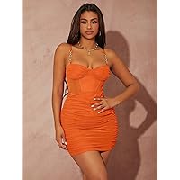 Summer Dresses for Women 2022 Chain Detail Ruched Mesh Bustier Dress (Color : Orange, Size : XS)