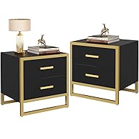 Nightstand with 2 Drawers, Small End Side Table with Storage, Modern Bedside Table with Metal Frame for Small Space, Bedroom, Set of 2, Black