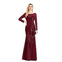 Women Elegant Sequin Tulle Evening Dresses Sexy Long Sleeves Formal Party Maxi Prom Mermaid Dress