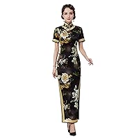 Cheongsam Dresses Silk Printed Oblique Placket Mock Neck Short Sleeve Black Qipao H3235