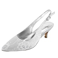 Womens Lace Wedding Sandals Pointed Toe Wedding Dress Party Slingback Kitten Heel Pumps Silver US 8.5