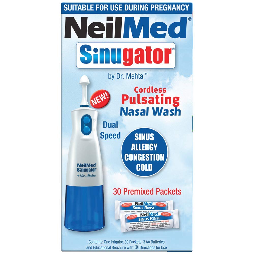 NeilMed Sinugator Cordless Pulsating Nasal Wash Kit with One Irrigator, 30 Premixed Packets and 3 AA Batteries(Pack of 1)