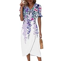 Tshirt Dresses 2024, Elegant Wrap V Neck Short Sleeve Damask Tunic Top Casual Floral Print T-Shirt Midi Dress Spring Sun Women Summer Casual 2024 Dresses Casual Short Dress (M, Dark Purple)