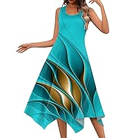 Casual Summer Dresses Women Sundresses for Women 2024 Striped Print Casual Fashion Patchwork Slim with Sleeveless Round Neck Swing Dress Cyan Medium