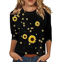 3/4 Sleeve Shirts for Women Plus Size Women 3/4 Sleeve Tops and Blouses 3/4 Sleeve Crewneck Cute Shirts Casual Print Trendy Tops Three Guarter Length T Shirt Summer Pullover 40-Black X-Large