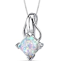 PEORA Created White Fire Opal Signature Solitaire Pendant Necklace for Women 925 Sterling Silver, 2 Carats Princess Cut 8mm with 18 inch Italian Chain