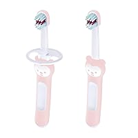 MAM Baby Toothbrushes (2 Baby's Brushes and 1 Safety Shield), Toothbrushes with Brushy The Bear Character, Interactive App, for Girls 6+ Months, Pink