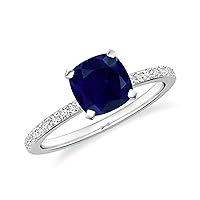 Natural Blue Sapphire Cushion Solitaire Ring for Women Girls in Sterling Silver / 14K Solid Gold/Platinum