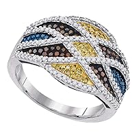 The Diamond Deal 10kt White Gold Womens Round Multicolor Enhanced Diamond Striped Fashion Ring 3/4 Cttw