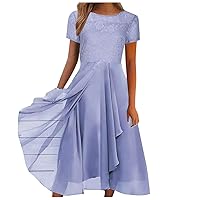 XJYIOEWT Denim Dress for Women,Womens Fashion Dress Chiffon Patchwork Crew Neck Lace Hollow Skirt Bridesmaid Evening Dr