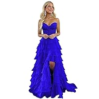 Lace Strapless Corset Prom Dresses with Slit 2024 Long Tiered Ruffle Chiffon Formal Evening Dress for Women Royal Blue