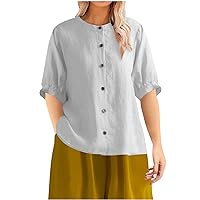 Women's Solid Cotton and Linen Button Design Half Sleeve Casual Shirt Casual Loose Fit Plain Solid Tunic Tops Blouse White