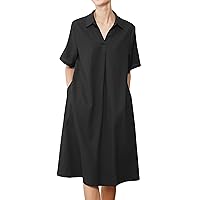 Minibee Women's Linen Shirt Dress Plus Size V Neck Short Sleeve Casual Summer Swing Midi Dresses