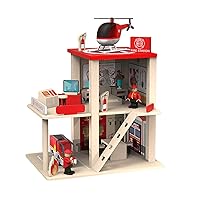Wooden Fire Station Playset, Multicolor 3-Level Pretend Play Dollhouse with Figures, Truck, Helicopter and Accessories, Preschool Learning Educational Toys for Toddlers Kids Age 3 and up