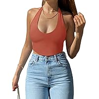 REORIA Women’s Sexy Halter Neck V Hem Double Lined Seamless Backless Sleeveless Going Out Trendy Crop Tank Tops