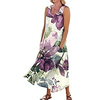 Spring Dresses for Women 2024 Printed Flowy Sun Dress with Pocket Sleeveless Trendy Dresses Casual Swing Beach Dress
