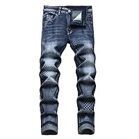 Geometric Jeans Men's High Pressure Printed Spring and Summer Solid Cotton High Elastic Slim Trousers