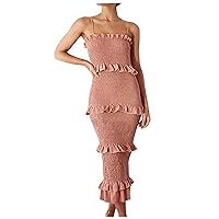 Spring Dresses for Women 2024 Trendy Plus Size,Women's Solid Color Four Elastic Splicing Pleated Slim Strappy D