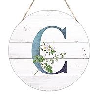 Welcome Sign for Wall Initial Letter C Blue Round Wood Signs Monogram White Floral Wood Plaque Fresh Flowers 12in Mid Century Home Wall Decor for Living Room Bedroom Kitchen Farmhouse