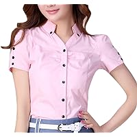 YGT Women's Short Sleeve Cotton V Neck OL Office Blouse Dress Shirt Tops