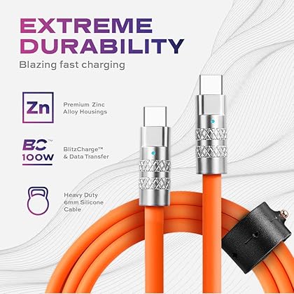 Statik TSumoCharge Fast Charging Cable 100W - Heavy Duty Unbreakable Silicone, Supports Data Transfer Type C to Type C Cable, Cord Wrap Organizer Included, USB C to USBC 6FT/2M, Orange