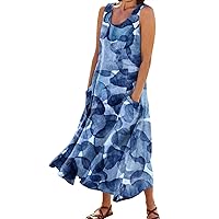 Linen Dresses for Women 2024 Casual Plus Size Cotton Blend Linen Solid Color & Printed Boho Tank Dress with Pockets