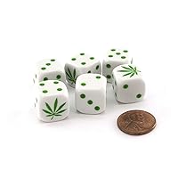 Pack of 6 Marijuana Hemp Weed 16mm Dice Set - White with Green Etches