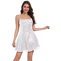 Sparkly Sequin Homecoming Dresses for Teens Short Spaghetti Strap Cowl Neck Prom Cocktail Dress
