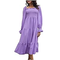 Women's Smocked Tiered Ruffle Midi Dress Square Neck Frill Trim Long Sleeve Casual Loose Flowy Solid A Line Dresses