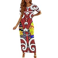 Women Plus Size Polynesian Puletasi Samoan Maxi Dress Tropical Short Sleeve Top Skirt Two Piece Outfits