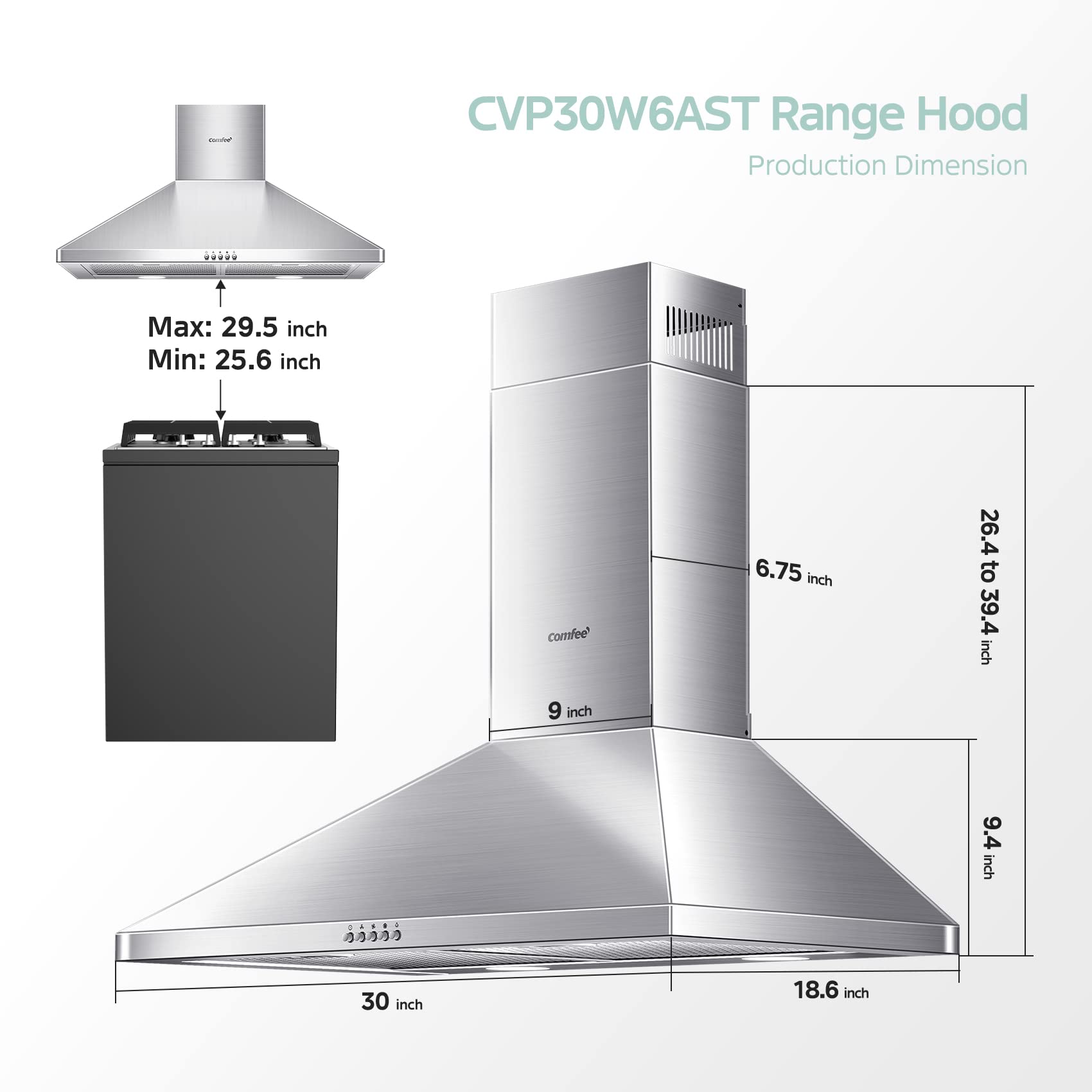 COMFEE' CVP30W6AST Ducted Pyramid Range 450 CFM Stainless Steel Wall Mount Vent Hood with 3 Speed Exhaust Fan, 5-Layer Aluminum Permanent Filters, Two LED Lights, Convertible to Ductless, 30 inches