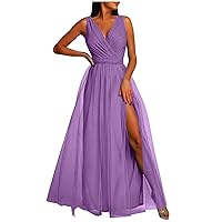 V Neck Tulle Homecoming Dress for Women Long Sparkly Prom Dresses for Teens 2023 Cocktail Party Dress with Split