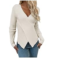 Women's V Neck Jumper Sexy Ribbed Sweaters Casual Solid Pullover Tops Slim Fit Dressy Sweater for Fall Winter
