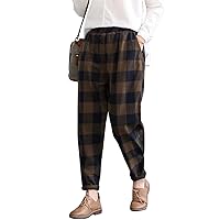 Flygo Women's Elastic Waist Casual Linen Plaid Cropped Tapered Harem Pants