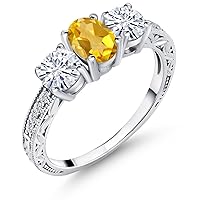 Gem Stone King 925 Sterling Silver 3-Stone Ring Oval Yellow Citrine and Moissanite (1.87 Cttw)