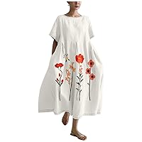 Vintage Japanese Art Dress for Women 2024 Boho Floral Print Oversized Crewneck Linen Casua Summer Dresses