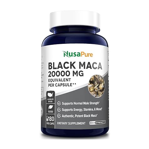 NusaPure Black Maca Root 20,000mg per Caps 180 Veggie Capsules (Vegan, Non-GMO, Gluten-Free)