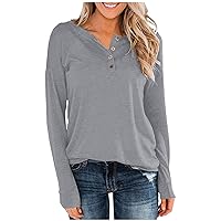 Women's Long Sleeve Henley Tops Loose Fit V-Neck Pullover Shirts Buttons Down Casual Tunics Business Dressy Tees