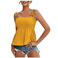 Clearance Under 5.00 Spaghetti Strap Tank Tops Women Sexy Casual Camisole Smocked Ruffle Hem Cami Shirt Summer Going Out Top Blouses Multicolor One Shoulder