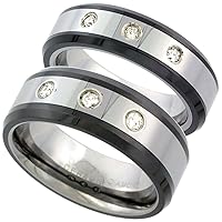 2-Ring Set 6 & 8mm Tungsten 3 Stone Diamond Wedding Ring Beveled Black Ceramic Edges Comfort fitsizes 5-13