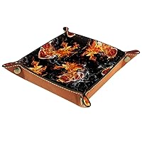 Art Hockey Fire Print Folding Rolling Thick PU Brown Leather Valet Catchall Organizer Table, Small Jewelry Candy Key Trays Storage Box Decor Entryway, Tray