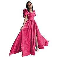 Lawrncedw Satin Pleated Prom Dresses Puff Sleeve Evening Cocktail Gown Sweetheart Long Formal Party Dress A-Line with Slit