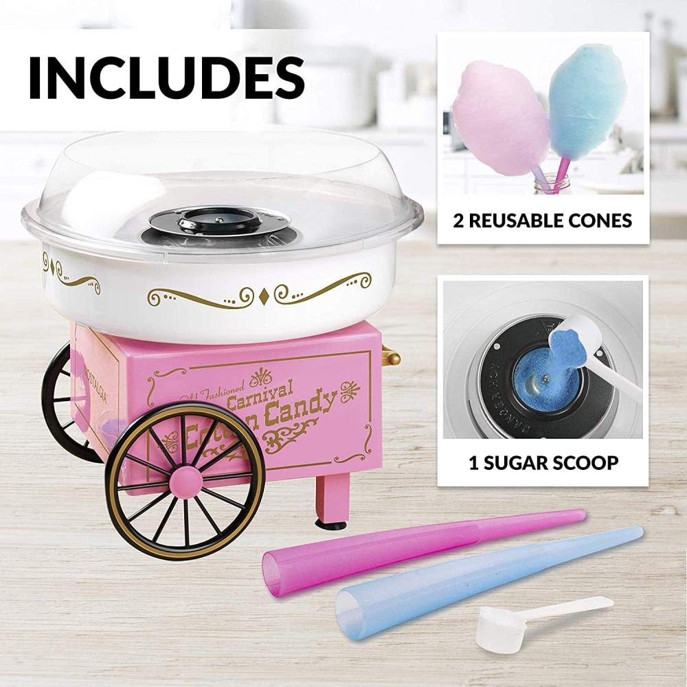 Nostalgia Vintage Hard and Sugar Free Countertop Original Cotton Candy Maker, Includes 2 Reusable Cones And Scoop – Pink, Main