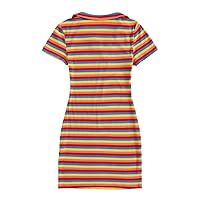 Womens' Dress Ribbed Rainbow Striped Butterfly Embroidery Dress Summer Dresses for Women