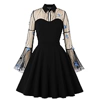Women's Sheer Mesh Bell Sleeve Vintage Swing Dress Goth Steampunk A-line Cocktail Party Prom Work Dress