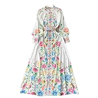 Women Dress Spring Summer O-Neck Lantern Sleeve Single Breasted Floral Print Belt Long Party Vacation Robes