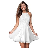 Women's Chiffon Homecoming Dress Laces Applique Short Prom Dresses Knee Length Halter Teens Graduation Party Gown White