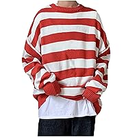 TUNUSKAT Unisex Red White Striped Sweaters Fall Plus Size Drop Shoulder Long Sleeve Shirts Oversized Crew Neck Pullover Tops