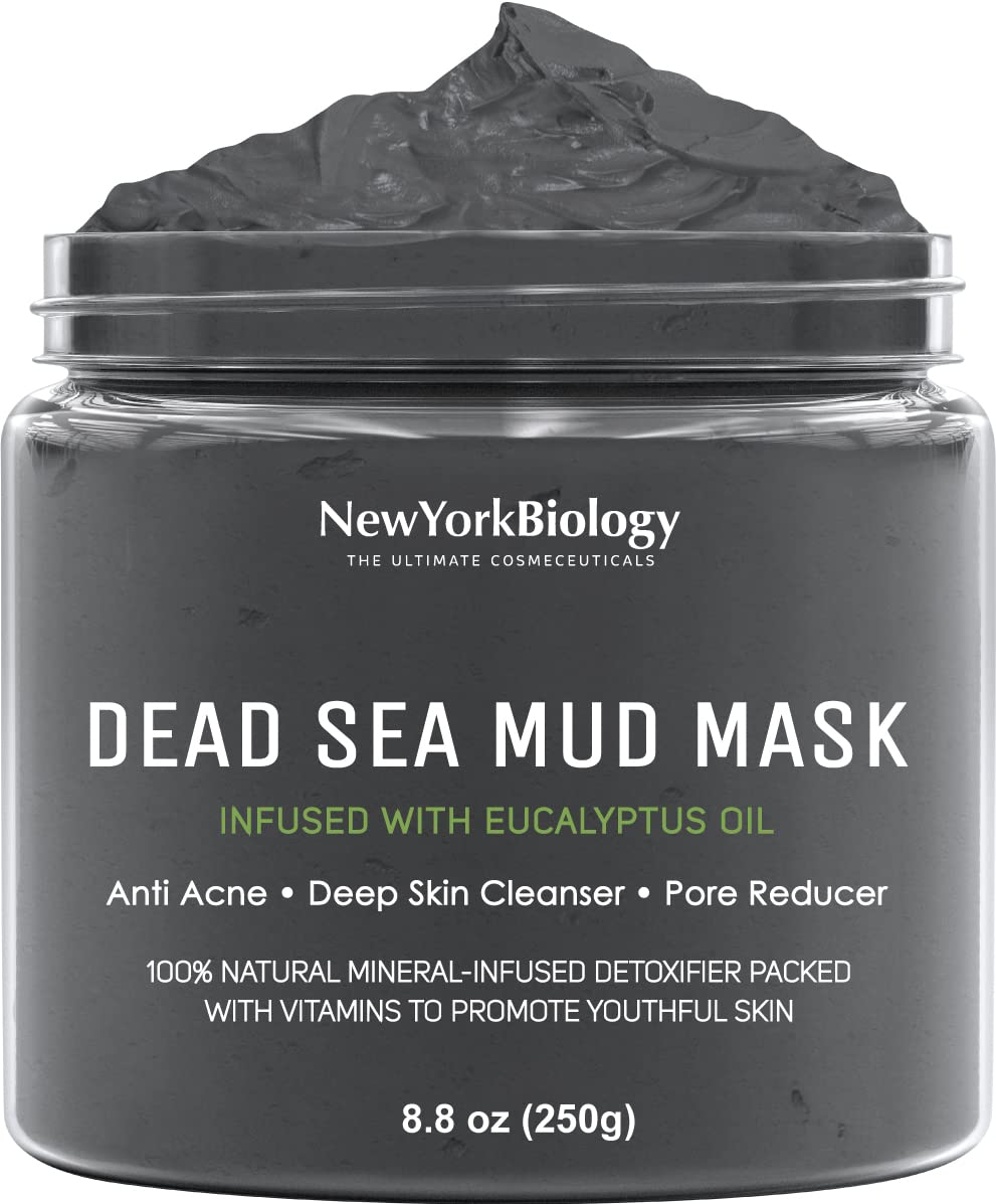 New York Biology Dead Sea Mud Mask for Face and Body Infused with Eucalyptus with 3 pcs Face Mask Brush Applicators - Spa Quality Pore Reducer for Acne, Blackheads and Oily Skin