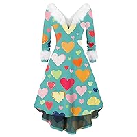 Spring Dresses for Women 2024 Casual Fit Heart Print Party Long Sleeve Hepburn Midi Dress Cute Valentines Day Dress